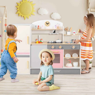 Pretend Play Kitchen w/Refrigerator Wooden Toy Set Kids Kitchen Cooking Sink Playset Pink